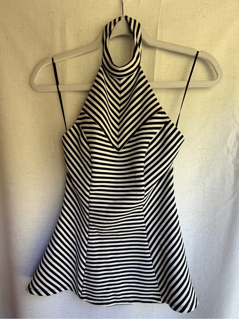GUESS Striped Halter Peplum Top Black White Open Back XS